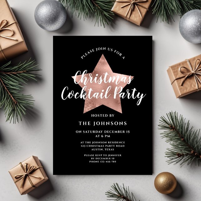 Invitation Fête de cocktail de Noël Black Rose Gold Star (Black Rose Gold Star Christmas Cocktail Party Invitation)