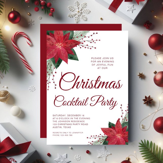 Invitation Fête de Cocktail de Noël Écriture Florale Poinsett (Floral Poinsettia Script Christmas Cocktail Party Invitation)