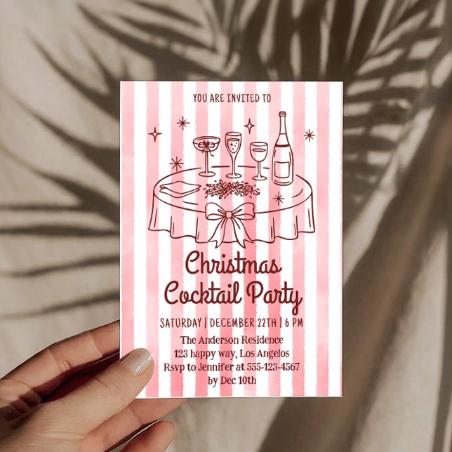 Invitation Fête de cocktail de Noël élégante à rayures roses (Créateur téléchargé)