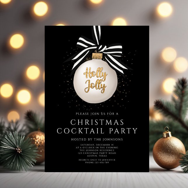 Invitation Fête de cocktail de Noël élégante boule noire (Elegant Black Bauble Christmas Cocktail Party Invitation
)