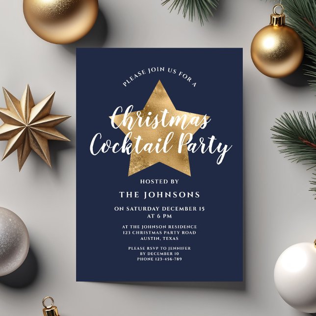 Invitation Fête de cocktail de Noël étoile dorée bleu marine (Navy Blue Gold Star Christmas Cocktail Party Invitation)