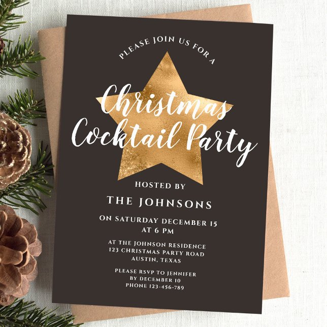 Invitation Fête de cocktail de Noël étoile dorée marron éléga (Elegant Brown Gold Star Christmas Cocktail Party Invitation)