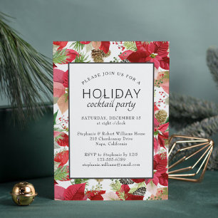 Invitation Fête de Cocktail de Noël Fleurie de Poinsettia