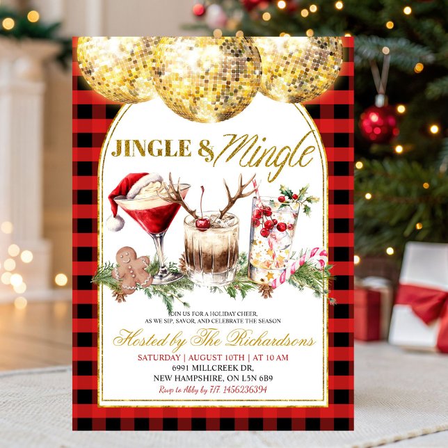Invitation Fête de Cocktail de Noël Gingham Jingle Mingle (Créateur téléchargé)