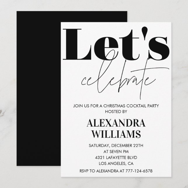 Invitation Fête de cocktail de Noël noir Célèbrons (Devant / Derrière)