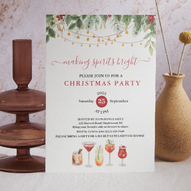 Invitation Fête de Cocktail de Noël pour Éclairer les Esprits (Making Spirits Bright Christmas Cocktail Party Invitation botanic rustic holiday country farm style )