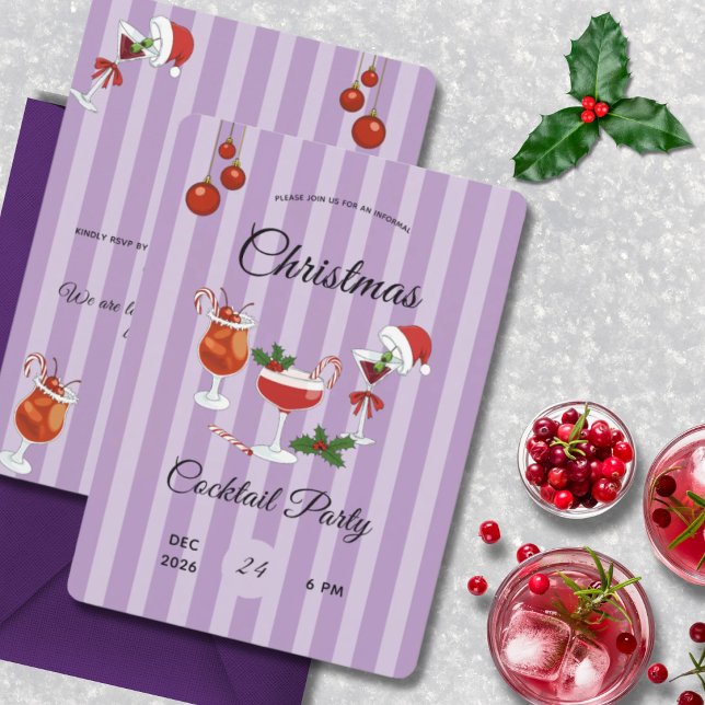 Invitation Fête de cocktail de Noël rétro violet  (Créateur téléchargé)