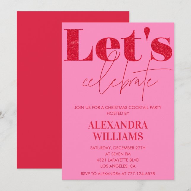 Invitation Fête de cocktail de Noël rose C'est parti (Devant / Derrière)