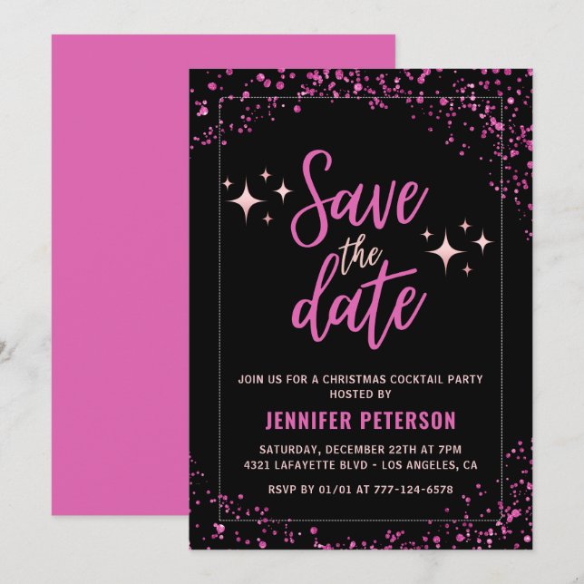 Invitation Fête de cocktail de Noël rose Enregistrez la date  (Devant / Derrière)