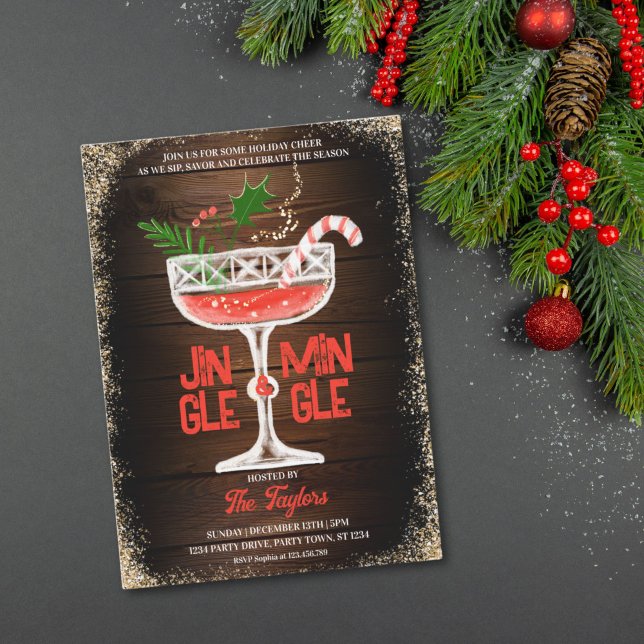 Invitation Fête de Cocktail de Noël Rustique Jingle et Mingle (RUSTIC WOOD BACKGROUND JINGLE AND MINGLE COCKTAIL PARTY INVITATION)