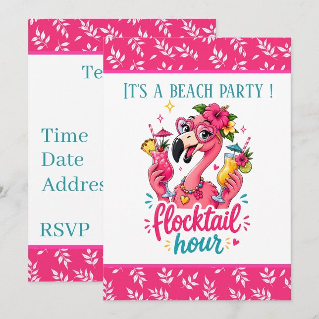 Invitation Fête de cocktail de plage drôle de flamant rose  (Devant / Derrière)