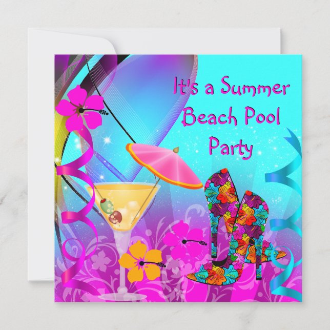 Invitation Fête de cocktail de plage rose sarcelle d'été (Devant)