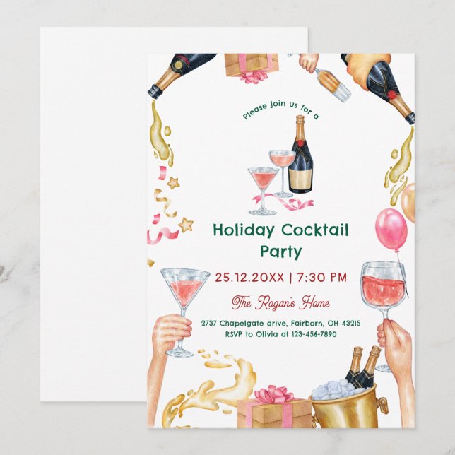 Invitation Fête de cocktail de vacances à l'aquarelle festive (Devant / Derrière)