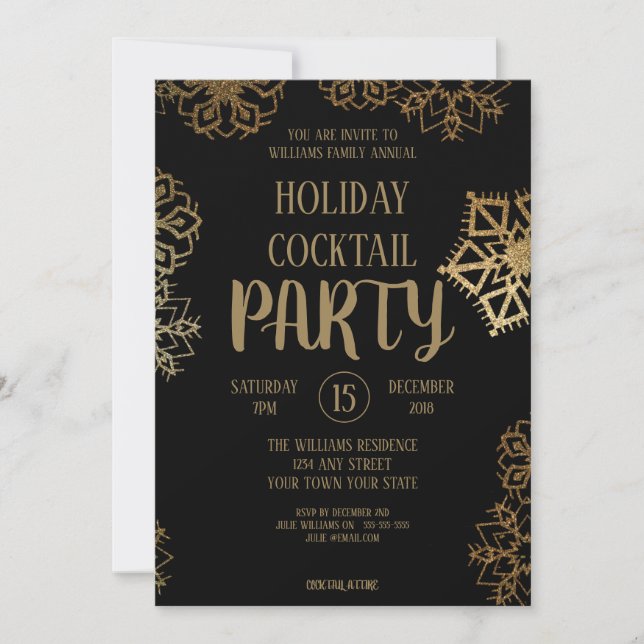 Invitation Fête de cocktail de vacances | Paillettes noires e (Devant)
