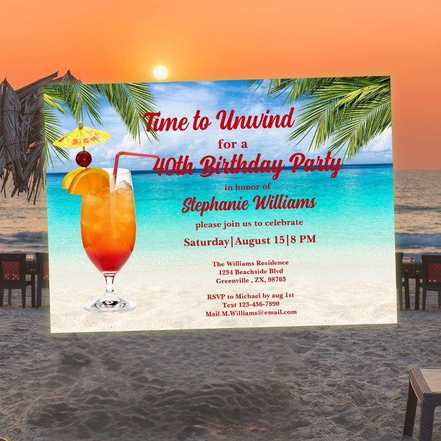 Invitation Fête de cocktail d'été pour 40 ans sur la plage (Créateur téléchargé)