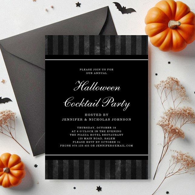Invitation Fête de cocktail d'Halloween à rayures noires (Black Stripes Halloween Cocktail Party Invitation)