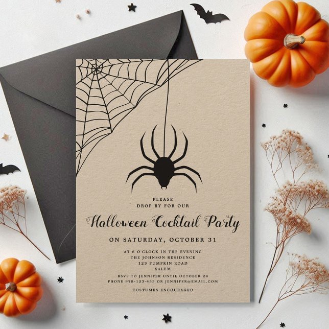 Invitation Fête de cocktail d'Halloween araignée mignonne noi (Black Cute Spider Halloween Cocktail Party Invitation)
