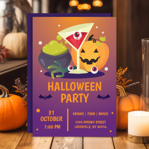Invitation Fête de Cocktail d'Halloween Citrouille Squelettiq