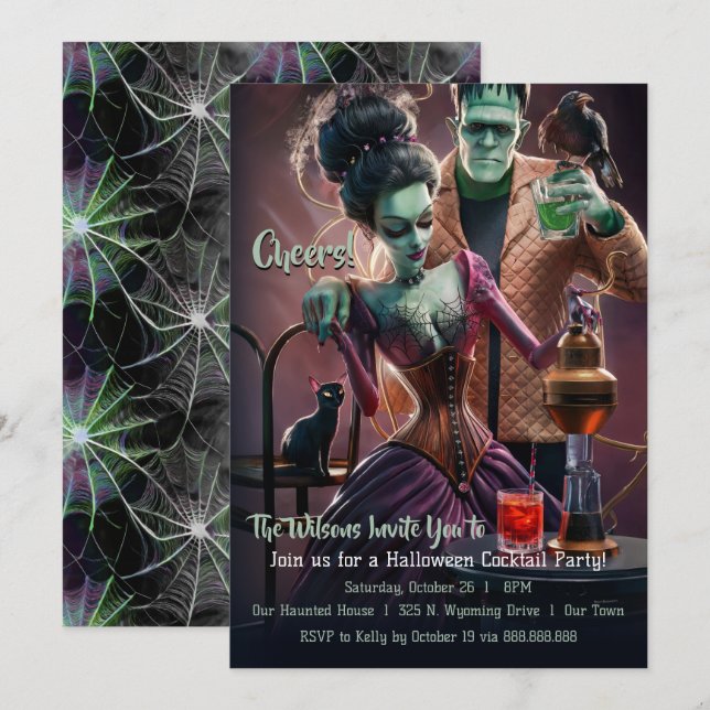 Invitation Fête de cocktail d'Halloween, Frankenstein & Marié (Devant / Derrière)