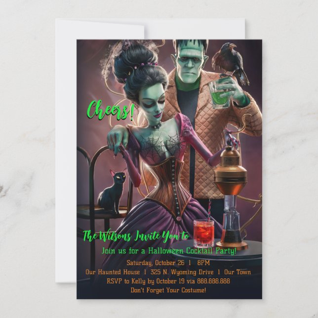 Invitation Fête de cocktail d'Halloween, Frankenstein & Marié (Devant)