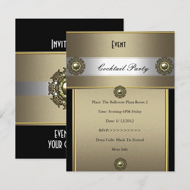 Invitation Fête de Cocktail Élégante Noir Argent Bronze (Devant / Derrière)