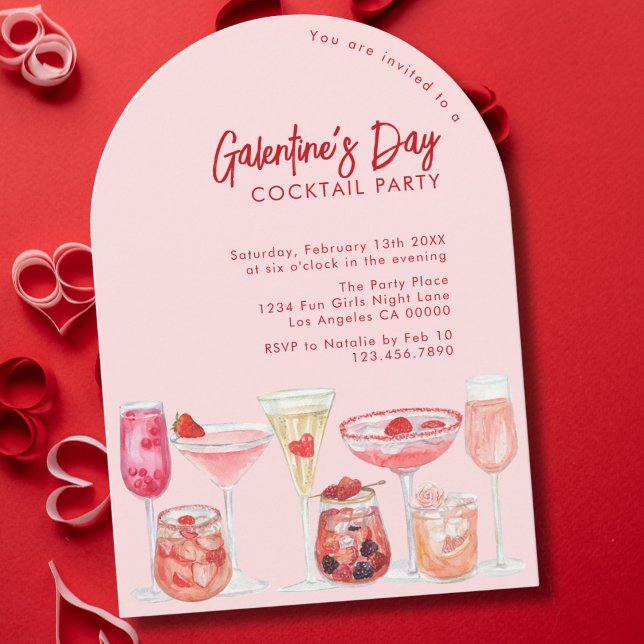 Invitation Fête de cocktail moderne rose et rouge de Galentin (Créateur téléchargé)