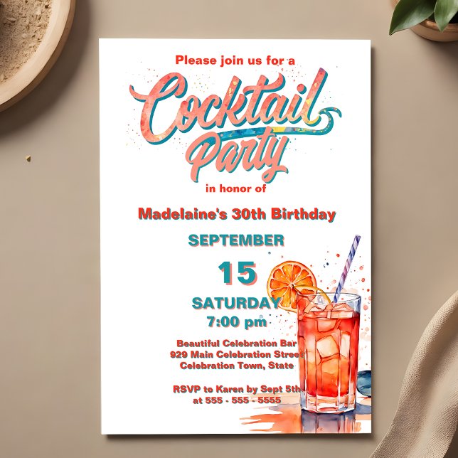 Invitation Fête de cocktails aquarelle rafraîchissante de tei (Créateur téléchargé)