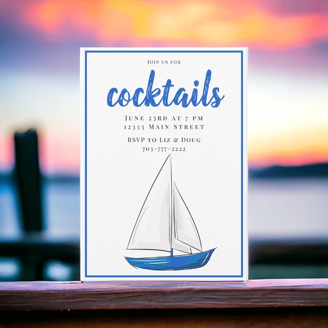 Invitation Fête de cocktails chic navale bleu bateau  (Créateur téléchargé)