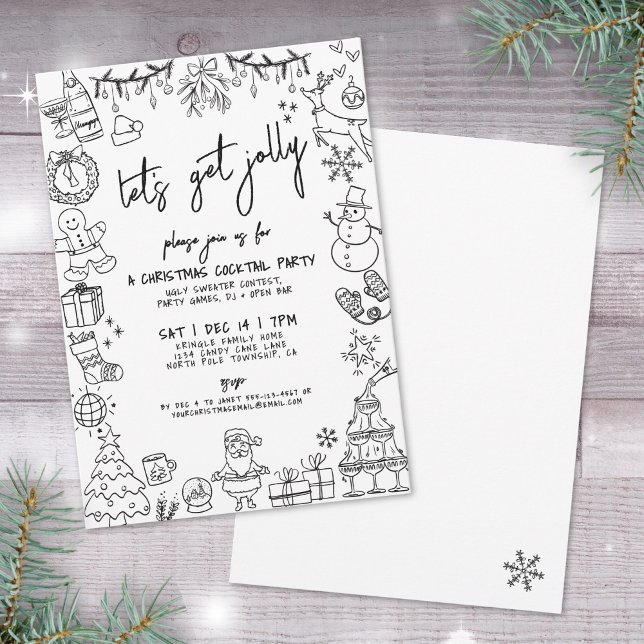 Invitation Fête de cocktails de Noël dessinée à la main (Hand Drawn Quirky Christmas Cocktail Party Invitation)