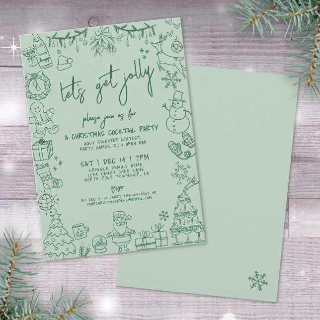 Invitation Fête de cocktails de Noël fantaisiste dessinée à l (Hand Drawn Whimsical Christmas Cocktail Party Invitation)