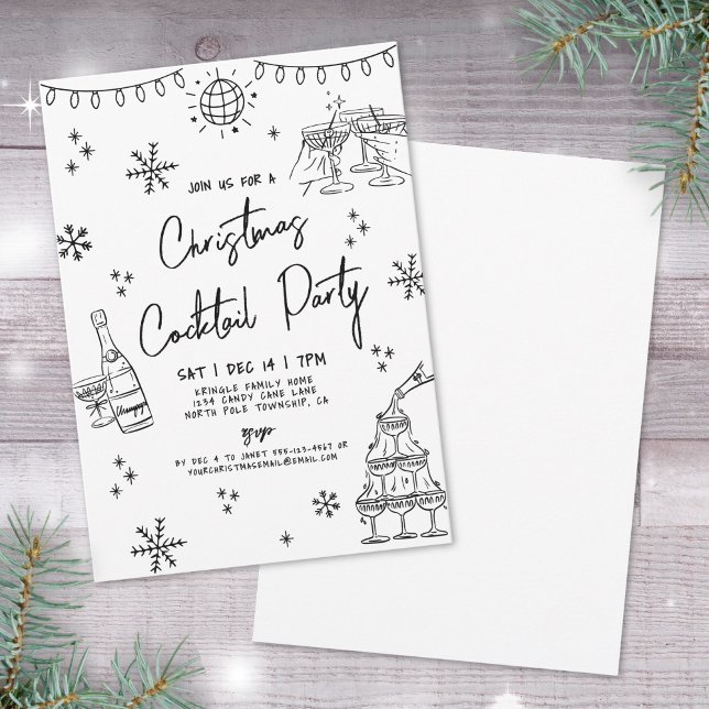 Invitation Fête de cocktails de Noël fantaisiste dessinée à l (Hand Drawn Whimsical Christmas Cocktail Party Invitation)
