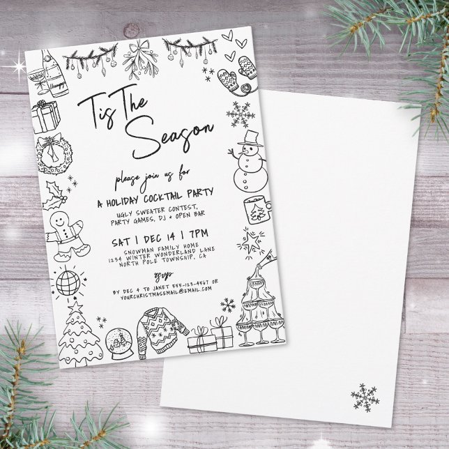 Invitation Fête de cocktails de vacances fantaisiste dessinée (Hand Drawn Quirky Holiday Cocktail Party Invitation )