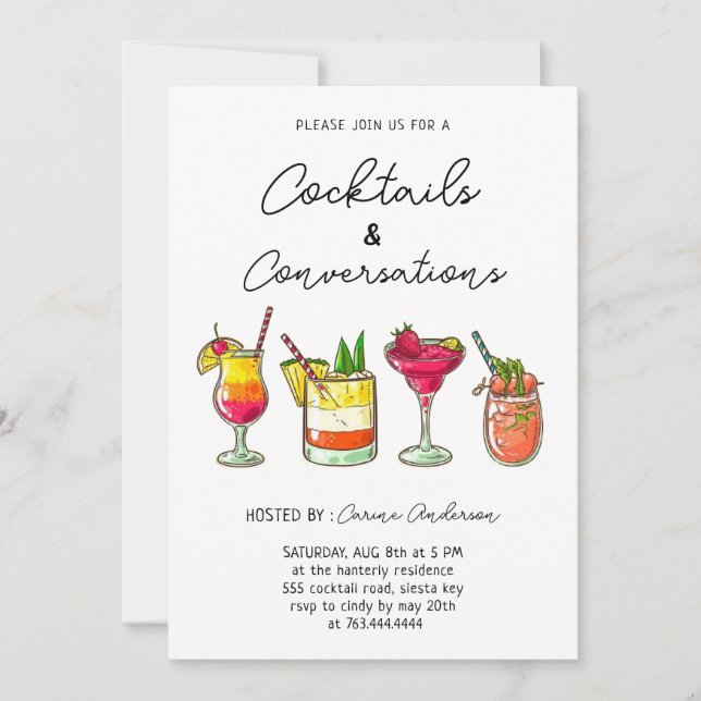 Invitation Fête de cocktails dessinés à la main et conversati (Devant)