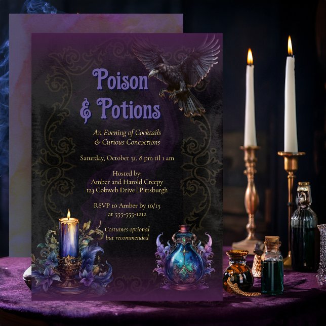 Invitation Fête de cocktails d'Halloween Poison & Potions (Elegant Poison & Potions Halloween cocktail party invitation with vintage apothecary artwork)