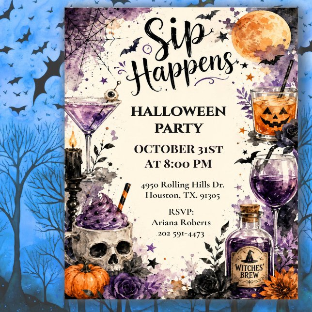 Invitation Fête de cocktails d'Halloween Sip Happens (Créateur téléchargé)