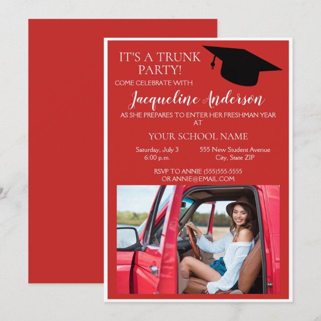 Invitation Fête de coffre universitaire photo rouge blanc (Devant / Derrière)