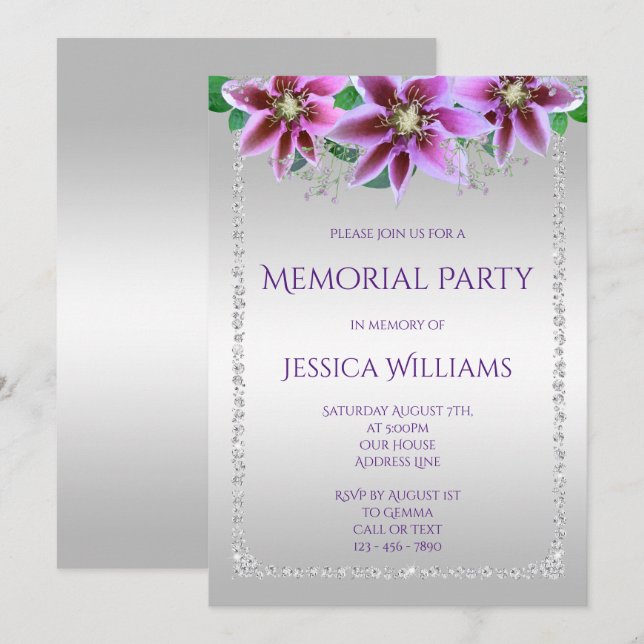 Invitation Fête de commémoration Classy Diamonds & Flowers (Devant / Derrière)