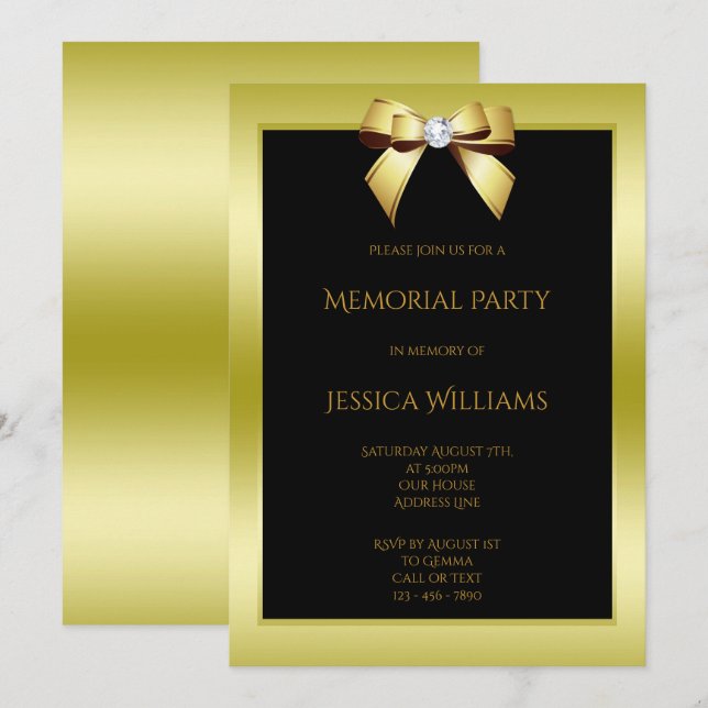 Invitation Fête de commémoration dorée glamour et noire (Devant / Derrière)