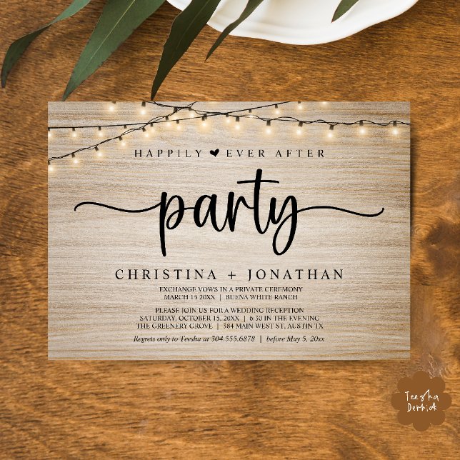 Invitation Fête de conte de fée, Mariage aux guirlandes lumin (Happily Ever After party, String Lights Wedding Invitation Card PDF Cottage Wood)