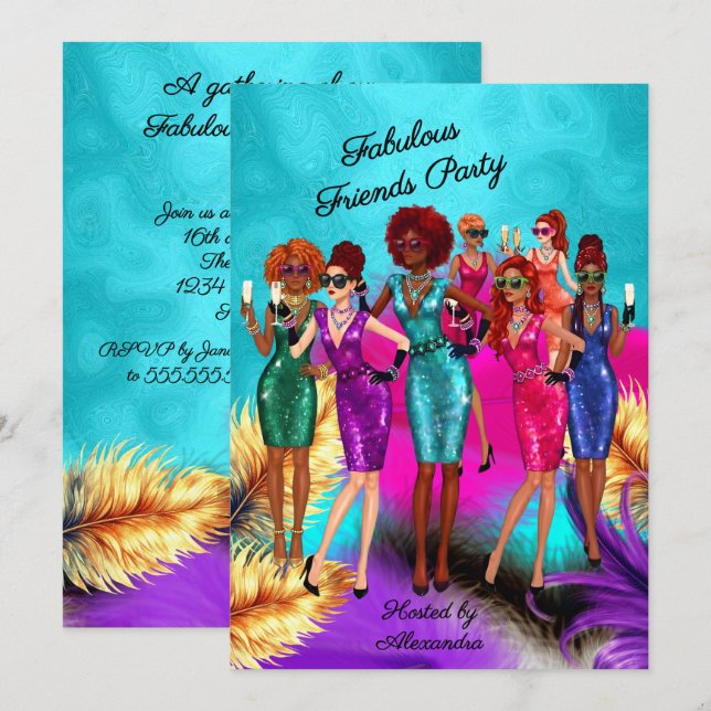 Invitation Fête de copines amusantes et fabuleuses en robes c (Devant / Derrière)