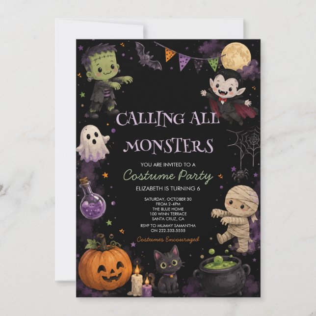 Invitation Fête de Costume de Halloween Sombre Mignon  (Devant)