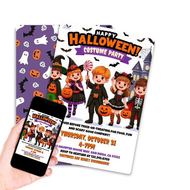 Invitation Fête de costume d'Halloween pour enfants modifiabl (Happy Halloween Costume Party invite printable and digital download editable options)