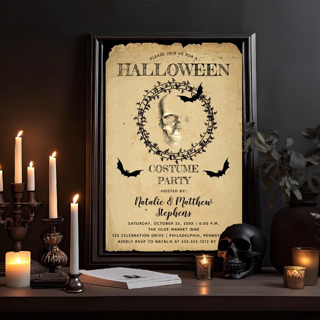 Invitation Fête de costume d'Halloween squelette éffrayant (Creepy, Scary Skull and Bats Halloween Adult Costume Party Invitation)