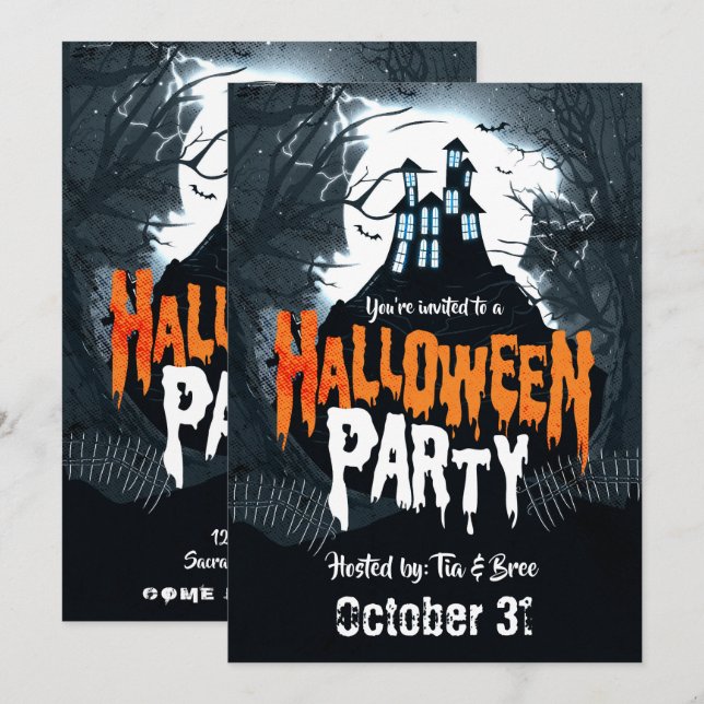 Invitation Fête de costumes d'Halloween dans une maison hanté (Devant / Derrière)