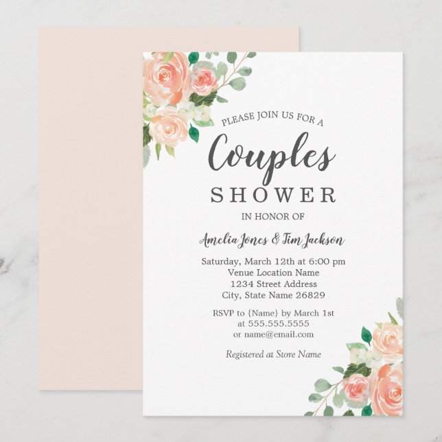 Invitation Fête de couples à l'aquarelle rose pêche florale (Devant / Derrière)
