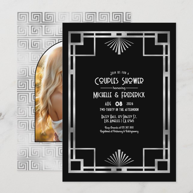 Invitation Fête de couples Art déco noir et argenté Gatsby (Devant / Derrière)