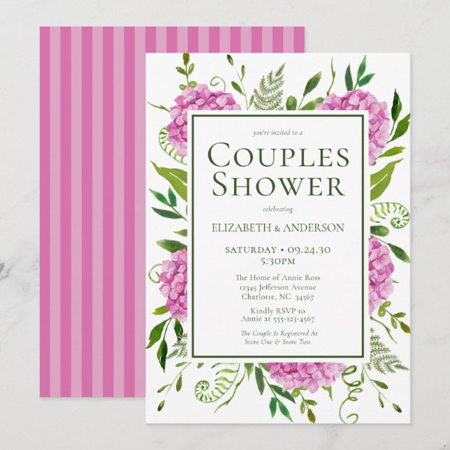 Invitation Fête de couples aux hortensias roses (Devant / Derrière)