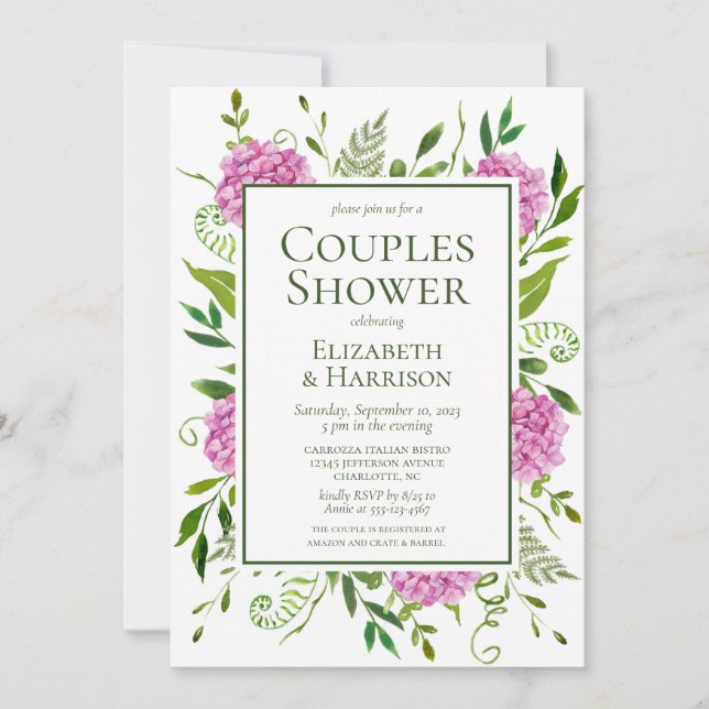 Invitation Fête de couples aux hortensias roses (Devant)