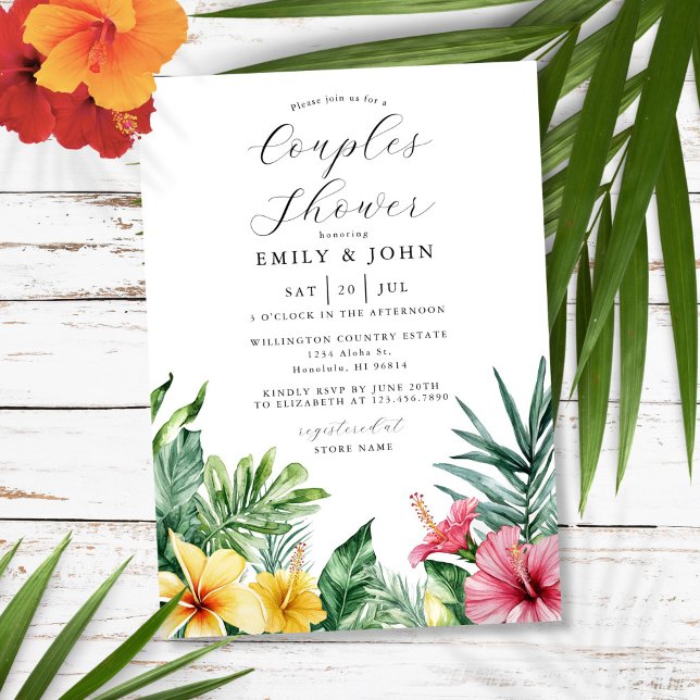 Invitation Fête de couples de fleurs tropicales à l'aquarelle (Watercolor Tropical Flowers Couples Shower Invitation)