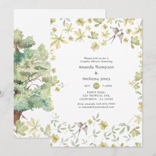 Invitation Fête de couples de la forêt aquarelle rustique (Devant / Derrière)